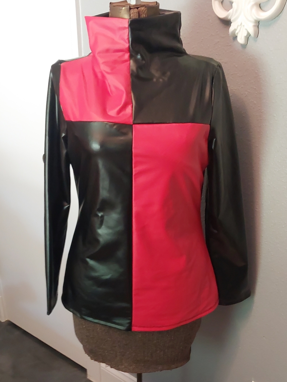 Black and Red Faux Leather Colorblock Top